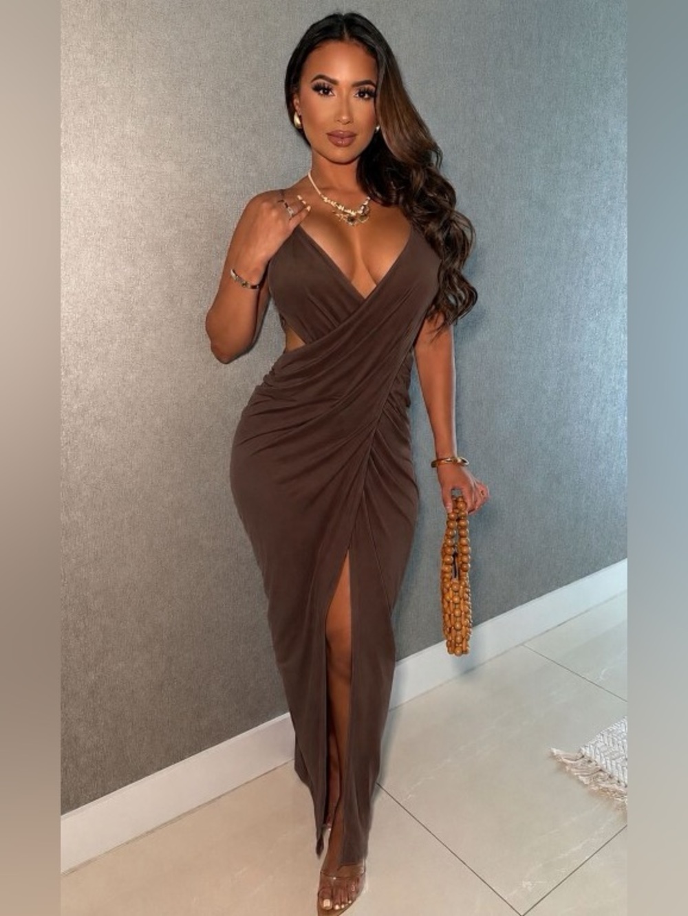 Wrap Front Spaghetti Strap Evening Dress